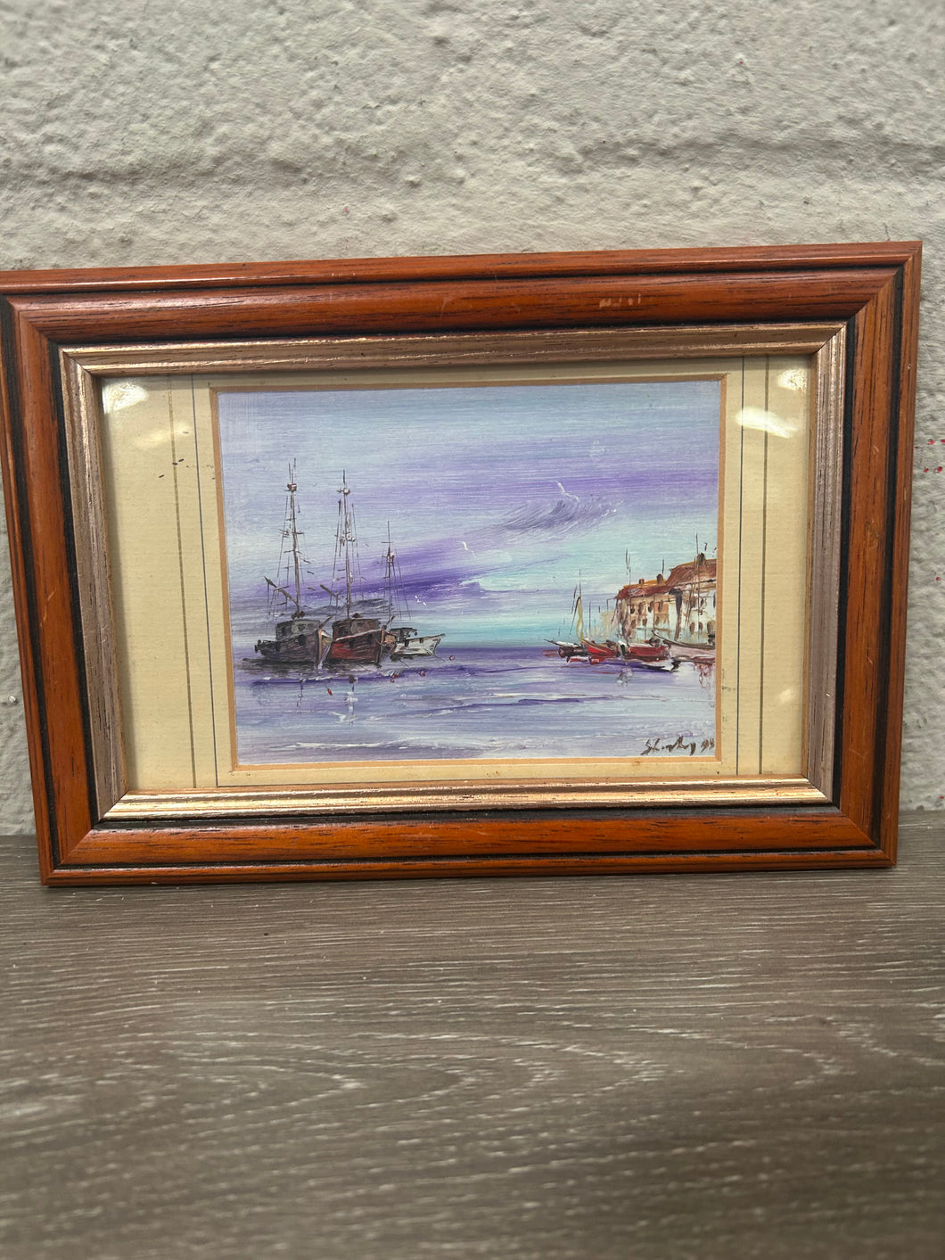 Vintage oil painting of a harbour scene