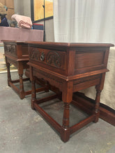 Load image into Gallery viewer, Vintage wood bros old charm carved oak side tables
