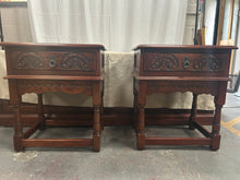 Load image into Gallery viewer, Vintage wood bros old charm carved oak side tables
