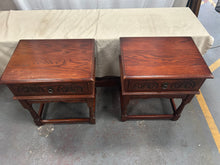Load image into Gallery viewer, Vintage wood bros old charm carved oak side tables
